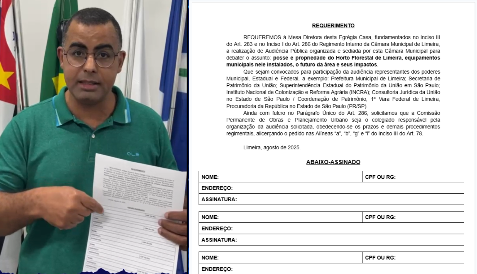 Vereador apresenta possibilidade de abaixo-assinado em plataformas digitais para pedidos de audiência pública na Câmara de Limeira